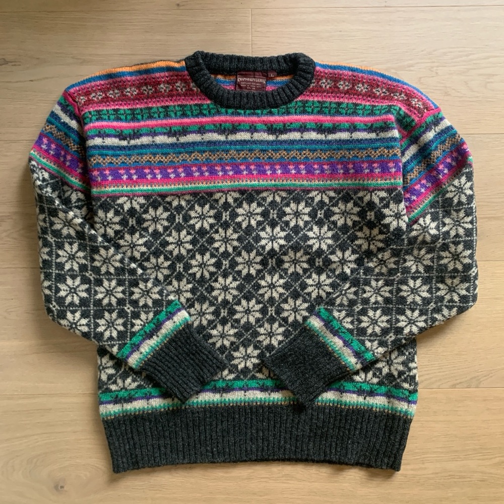 Vintage 80s Ralph Lauren Fair Isle Shetland Wool Crewneck Cottagecore Sweater